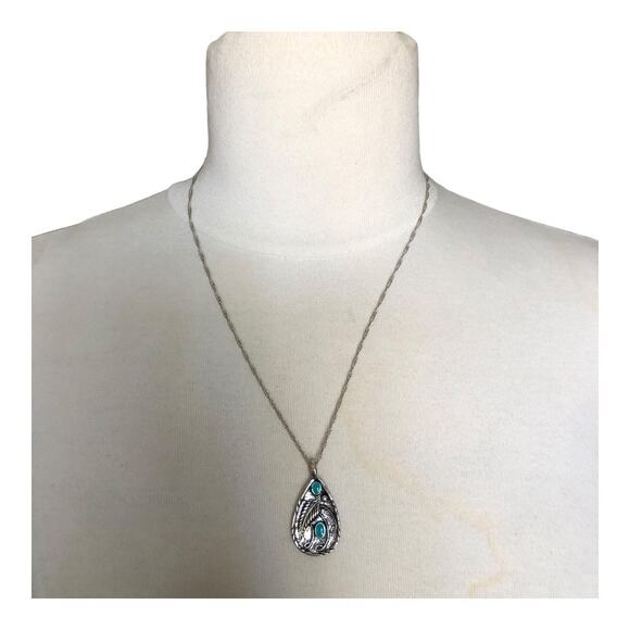 Bohemian Timeless Teardrop Leaf Turquoise Silver Feather Chain Pendant Necklace - Picture 2 of 15